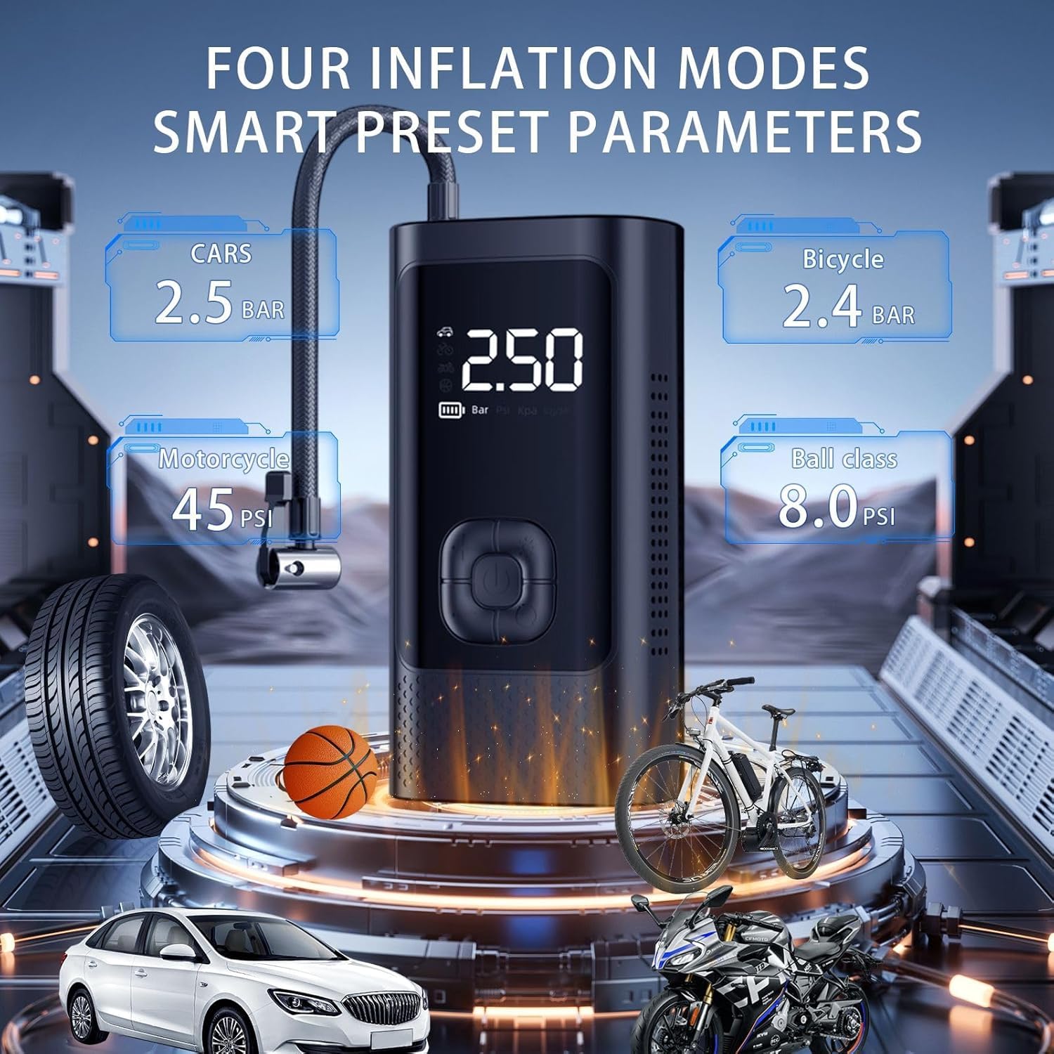 Tire Inflator Portable Air Compressor, Inflation Cordless Air Pump with Tire