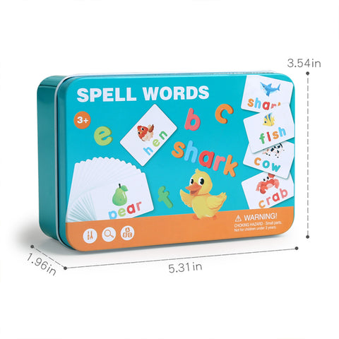 Kids Word Spelling Game for 4–6 Year Olds, Alphabet Cards and Letter Matching Puzzle, English Learning Toy with 34 Letters and 24 Double-Sided Cards, Portable Storage