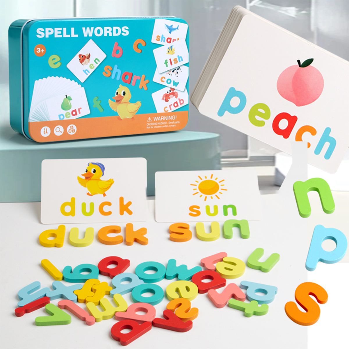 Kids Word Spelling Game for 4–6 Year Olds, Alphabet Cards and Letter Matching Puzzle, English Learning Toy with 34 Letters and 24 Double-Sided Cards, Portable Storage
