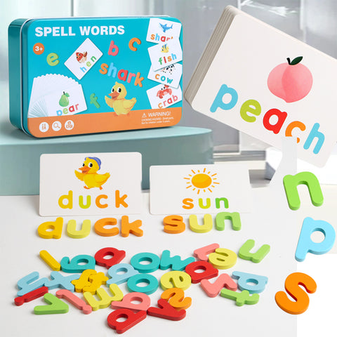 Kids Word Spelling Game for 4–6 Year Olds, Alphabet Cards and Letter Matching Puzzle, English Learning Toy with 34 Letters and 24 Double-Sided Cards, Portable Storage