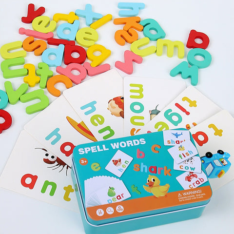 Kids Word Spelling Game for 4–6 Year Olds, Alphabet Cards and Letter Matching Puzzle, English Learning Toy with 34 Letters and 24 Double-Sided Cards, Portable Storage