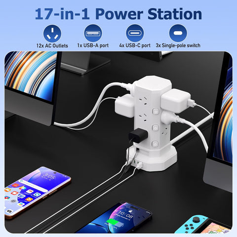 17-in-1 Powerboard with 12 AC Outlets, 4 USB-C & 1 USB-A, 2400W Tower Power Strip with Layered Switch, Surge Protector, 850°C Flame Resistant, SAA RCM Certified
