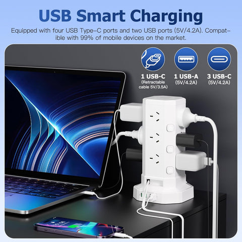 17-in-1 Powerboard with 12 AC Outlets, 4 USB-C & 1 USB-A, 2400W Tower Power Strip with Layered Switch, Surge Protector, 850°C Flame Resistant, SAA RCM Certified