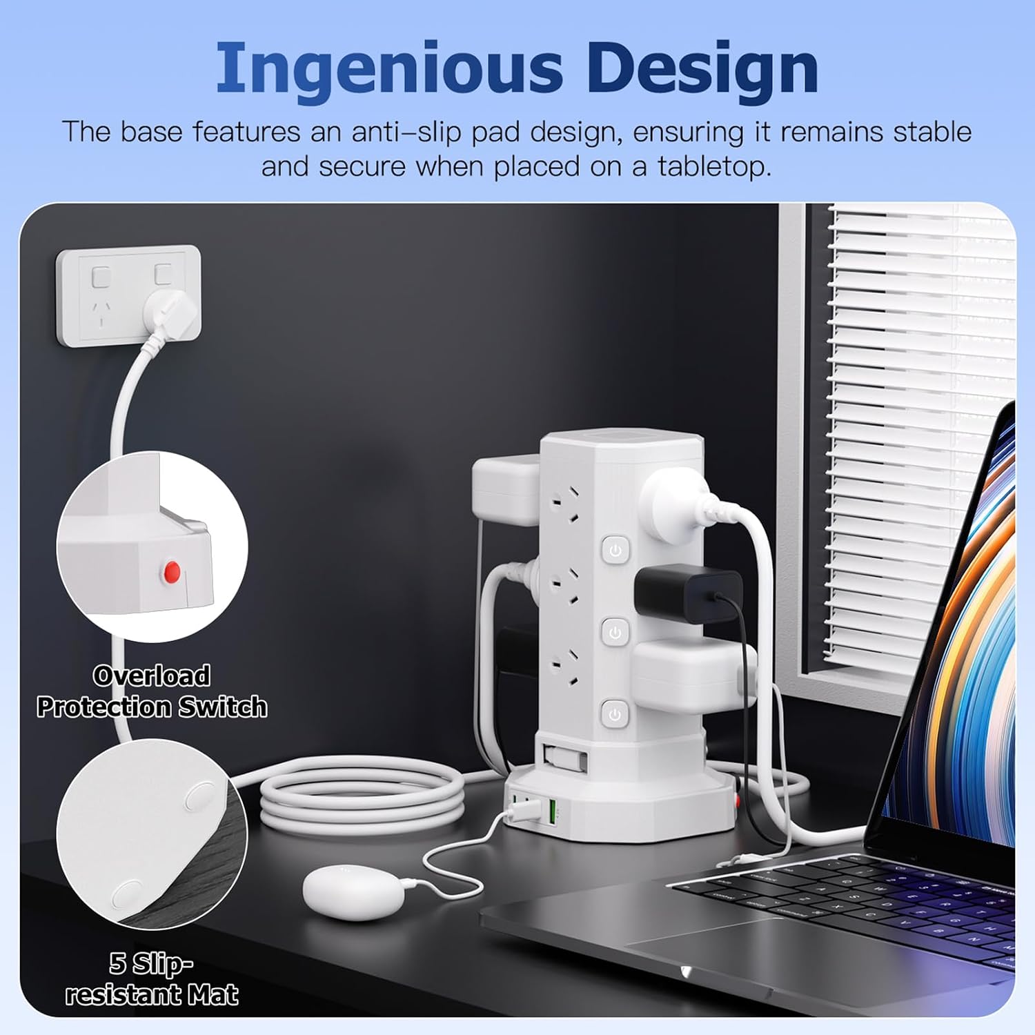 17-in-1 Powerboard with 12 AC Outlets, 4 USB-C & 1 USB-A, 2400W Tower Power Strip with Layered Switch, Surge Protector, 850°C Flame Resistant, SAA RCM Certified