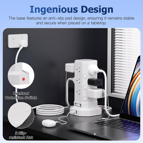 17-in-1 Powerboard with 12 AC Outlets, 4 USB-C & 1 USB-A, 2400W Tower Power Strip with Layered Switch, Surge Protector, 850°C Flame Resistant, SAA RCM Certified