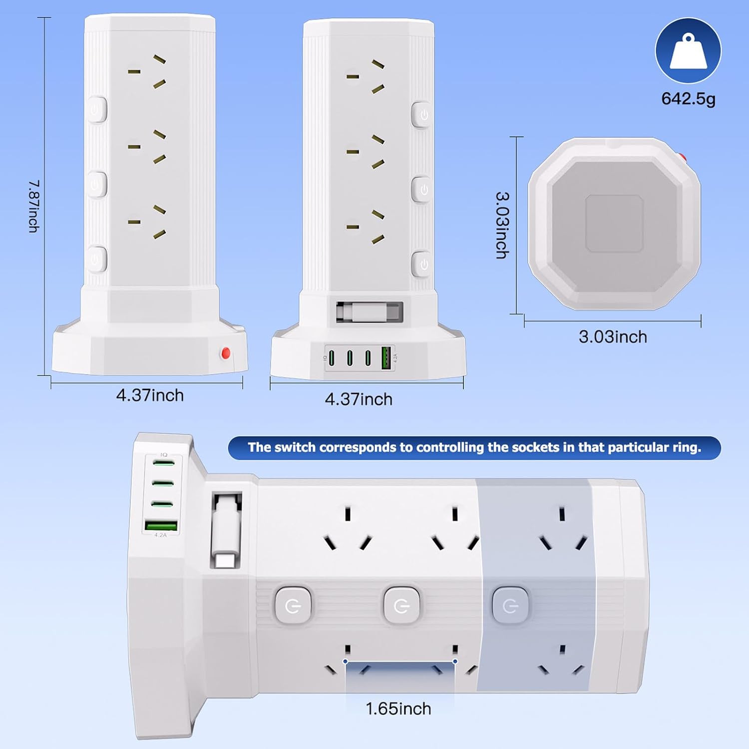 17-in-1 Powerboard with 12 AC Outlets, 4 USB-C & 1 USB-A, 2400W Tower Power Strip with Layered Switch, Surge Protector, 850°C Flame Resistant, SAA RCM Certified