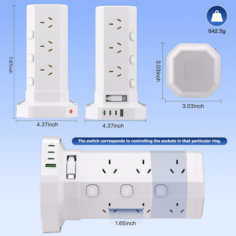 17-in-1 Powerboard with 12 AC Outlets, 4 USB-C & 1 USB-A, 2400W Tower Power Strip with Layered Switch, Surge Protector, 850°C Flame Resistant, SAA RCM Certified