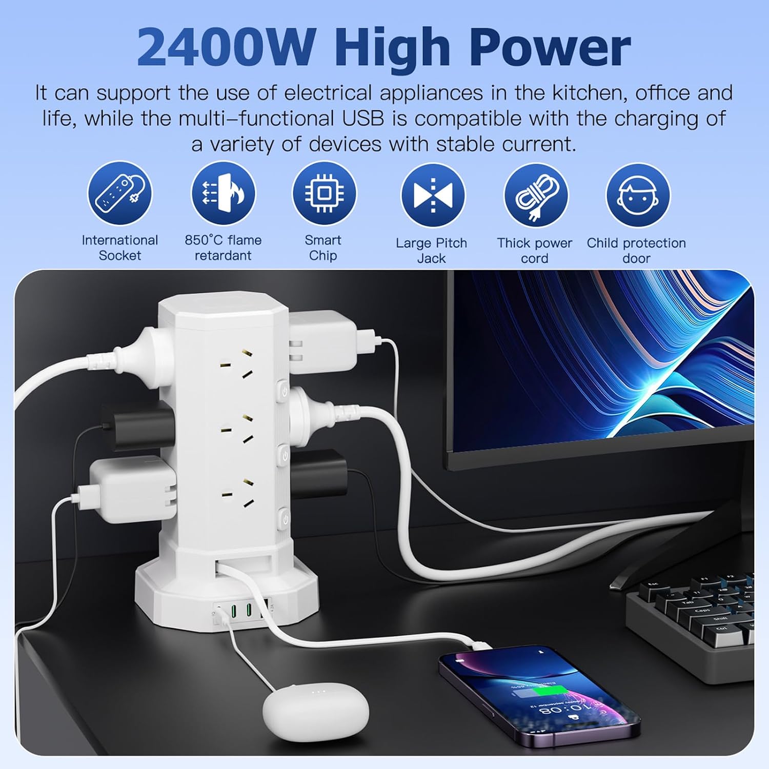 17-in-1 Powerboard with 12 AC Outlets, 4 USB-C & 1 USB-A, 2400W Tower Power Strip with Layered Switch, Surge Protector, 850°C Flame Resistant, SAA RCM Certified