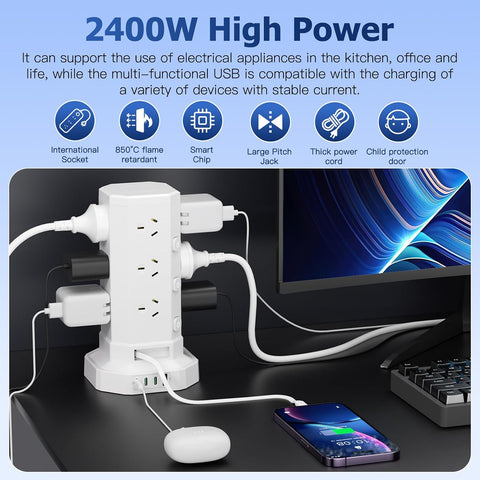 17-in-1 Powerboard with 12 AC Outlets, 4 USB-C & 1 USB-A, 2400W Tower Power Strip with Layered Switch, Surge Protector, 850°C Flame Resistant, SAA RCM Certified