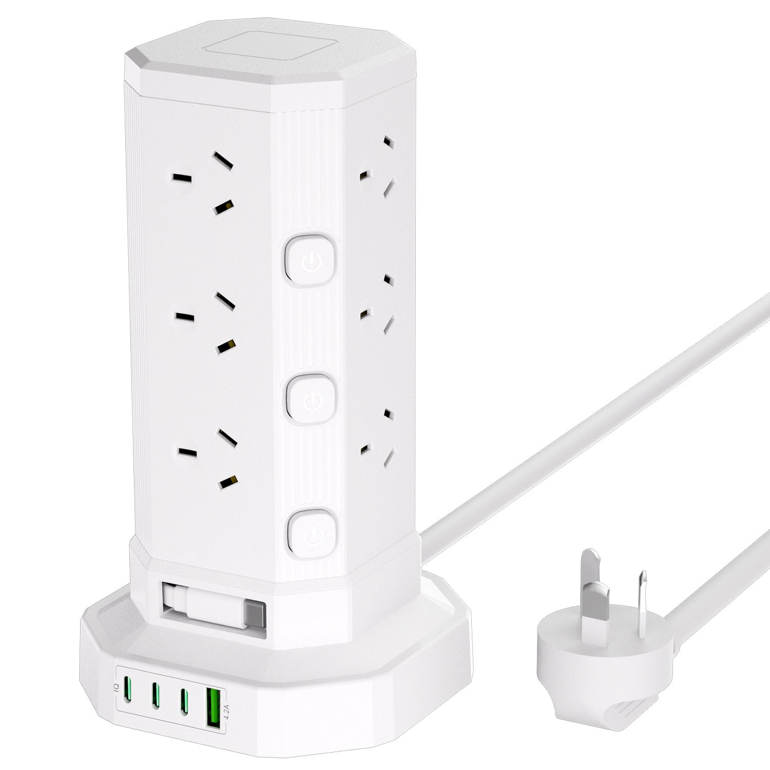 17-in-1 Powerboard with 12 AC Outlets, 4 USB-C & 1 USB-A, 2400W Tower Power Strip with Layered Switch, Surge Protector, 850°C Flame Resistant, SAA RCM Certified