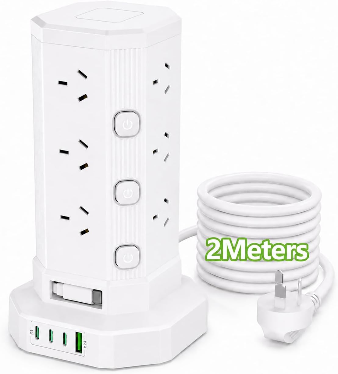 17-in-1 Powerboard with 12 AC Outlets, 4 USB-C & 1 USB-A, 2400W Tower Power Strip with Layered Switch, Surge Protector, 850°C Flame Resistant, SAA RCM Certified