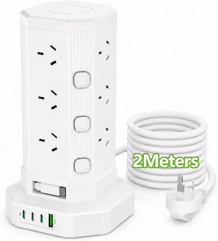 17-in-1 Powerboard with 12 AC Outlets, 4 USB-C & 1 USB-A, 2400W Tower Power Strip with Layered Switch, Surge Protector, 850°C Flame Resistant, SAA RCM Certified