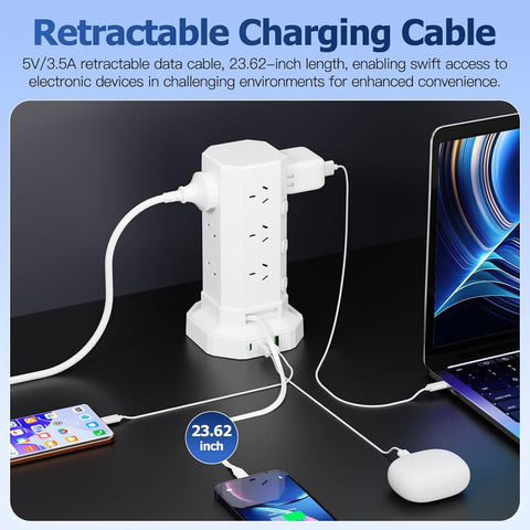17-in-1 Powerboard with 12 AC Outlets, 4 USB-C & 1 USB-A, 2400W Tower Power Strip with Layered Switch, Surge Protector, 850°C Flame Resistant, SAA RCM Certified