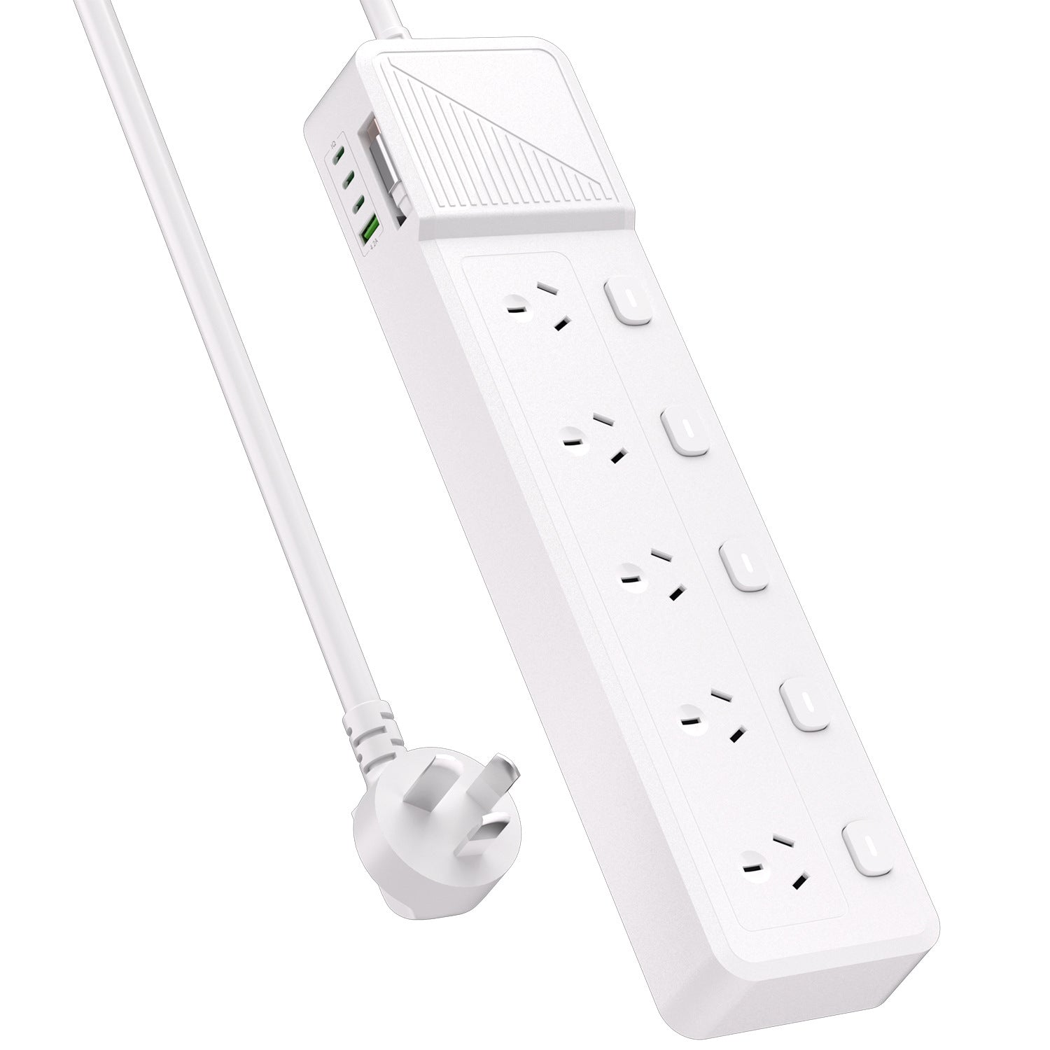 Powerboard with 5 AC Outlets, Individual Switches, 3M Extension Cord, 1 USB-A & 4 USB-C Ports, Retractable USB-C Cable, 850°C Flame Resistant Power Strip for Home Office Kitchen