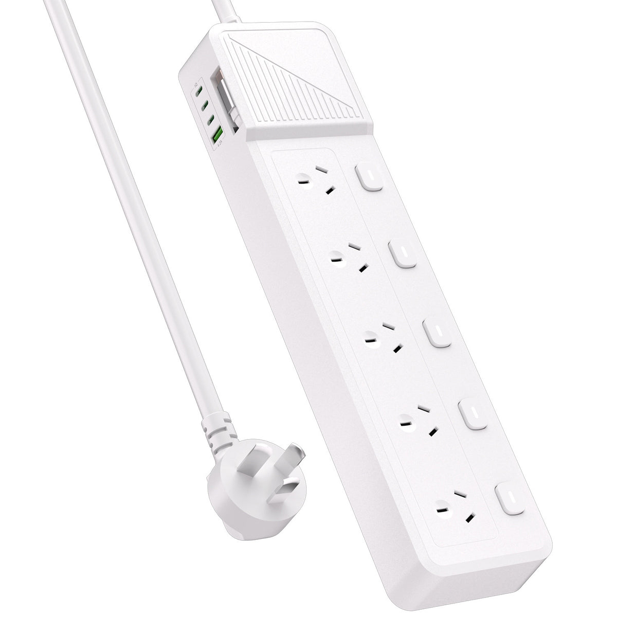 Powerboard with 5 AC Outlets, Individual Switches, 3M Extension Cord, 1 USB-A & 4 USB-C Ports, Retractable USB-C Cable, 850°C Flame Resistant Power Strip for Home Office Kitchen