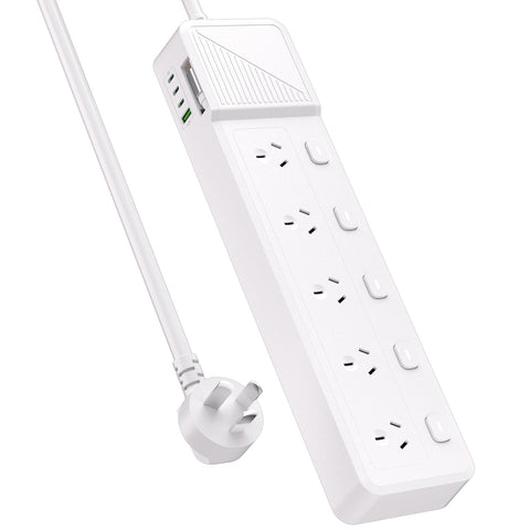 Powerboard with 5 AC Outlets, Individual Switches, 3M Extension Cord, 1 USB-A & 4 USB-C Ports, Retractable USB-C Cable, 850°C Flame Resistant Power Strip for Home Office Kitchen