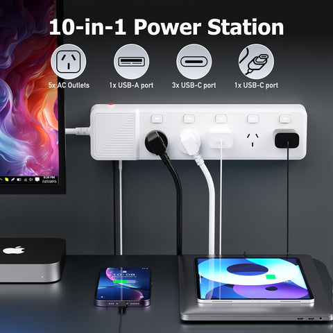 Powerboard with 5 AC Outlets, Individual Switches, 3M Extension Cord, 1 USB-A & 4 USB-C Ports, Retractable USB-C Cable, 850°C Flame Resistant Power Strip for Home Office Kitchen