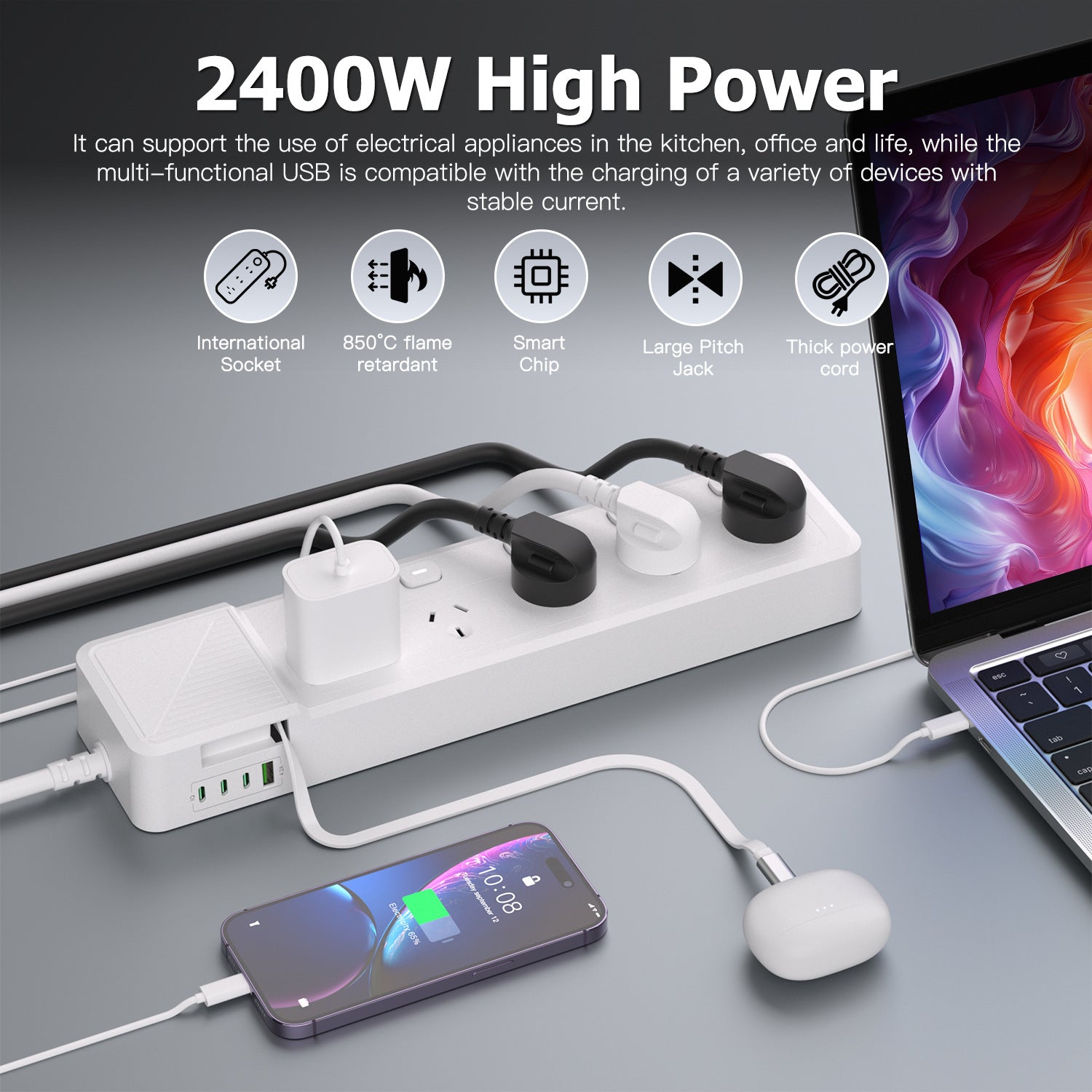 Powerboard with 5 AC Outlets, Individual Switches, 3M Extension Cord, 1 USB-A & 4 USB-C Ports, Retractable USB-C Cable, 850°C Flame Resistant Power Strip for Home Office Kitchen
