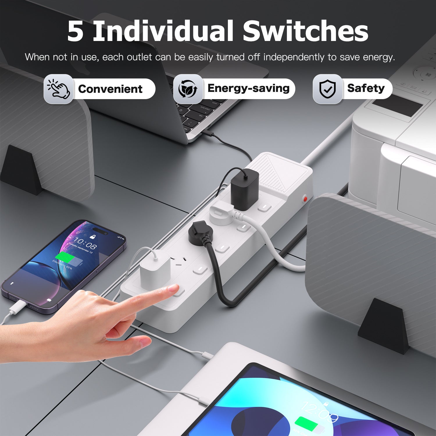 Powerboard with 5 AC Outlets, Individual Switches, 3M Extension Cord, 1 USB-A & 4 USB-C Ports, Retractable USB-C Cable, 850°C Flame Resistant Power Strip for Home Office Kitchen