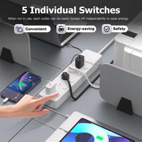 Powerboard with 5 AC Outlets, Individual Switches, 3M Extension Cord, 1 USB-A & 4 USB-C Ports, Retractable USB-C Cable, 850°C Flame Resistant Power Strip for Home Office Kitchen