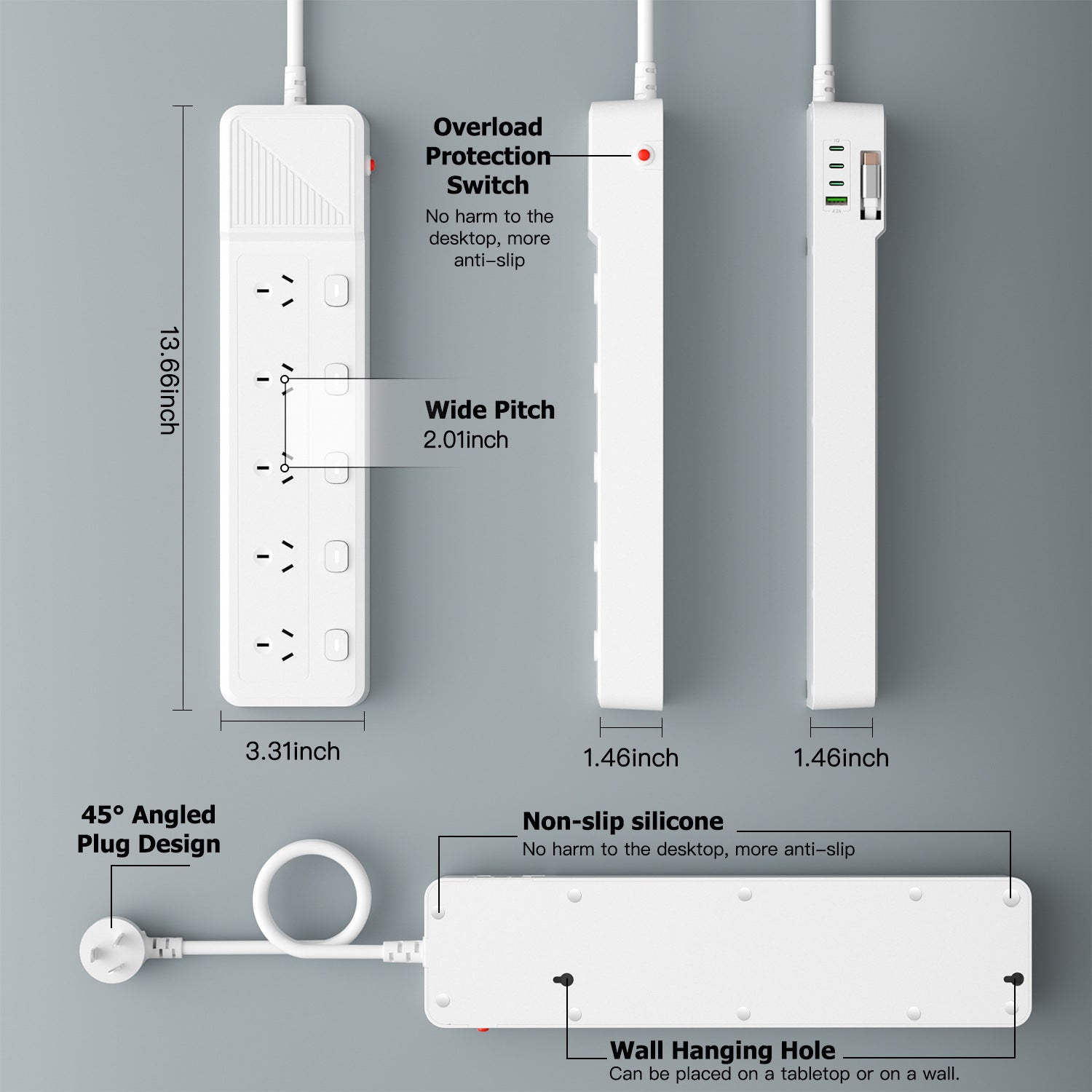 Powerboard with 5 AC Outlets, Individual Switches, 3M Extension Cord, 1 USB-A & 4 USB-C Ports, Retractable USB-C Cable, 850°C Flame Resistant Power Strip for Home Office Kitchen
