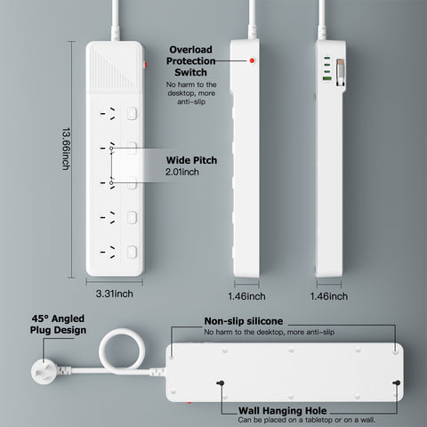 Powerboard with 5 AC Outlets, Individual Switches, 3M Extension Cord, 1 USB-A & 4 USB-C Ports, Retractable USB-C Cable, 850°C Flame Resistant Power Strip for Home Office Kitchen