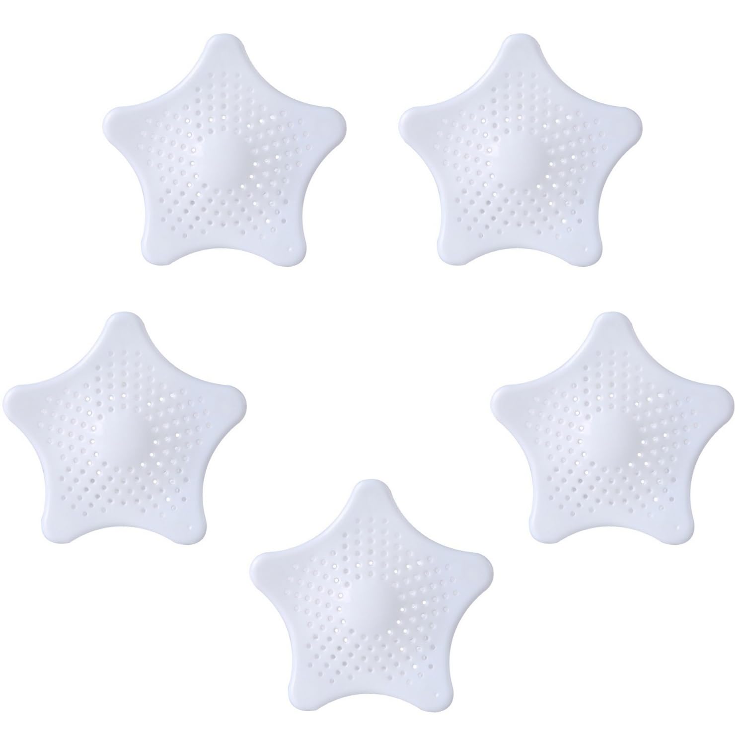 5‑Pack Starfish Shower Drain Hair Catcher,Silicone Stopper with Strong Suction Cup, Easy to Install, Fits Bathroom, Bathtub & Kitchen Sink Drains (White)