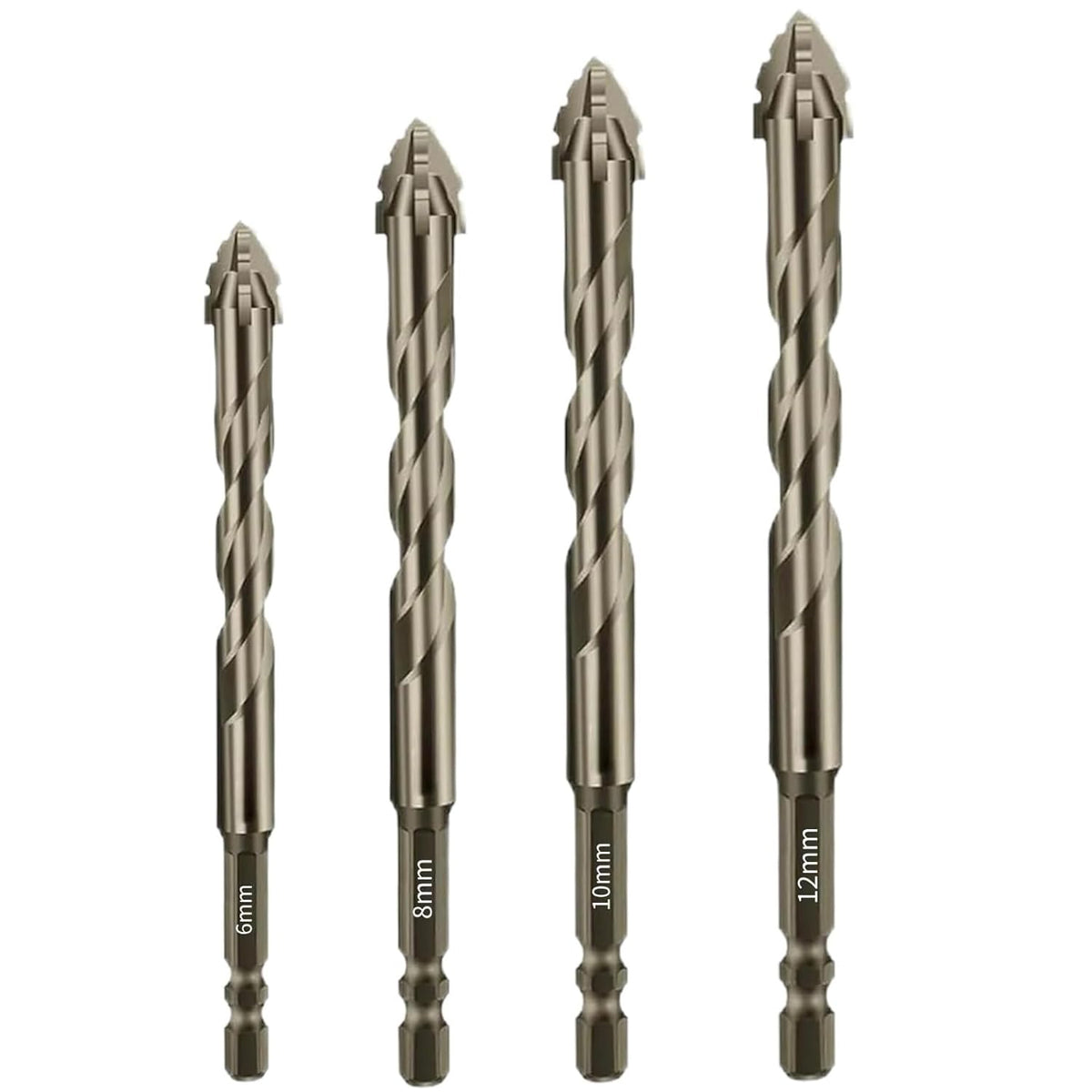 4-Piece Hex Shank Head Drill Bit Set with Diamond Grit Carbide Tip, Suitable for Concrete, Glass, Tile, Brick, Stone, Metal - Fast & Clean Dry Drilling, Reduced Vibration, Sizes: 6/8/10/12mm