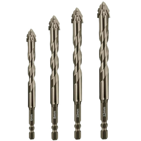 4-Piece Hex Shank Head Drill Bit Set with Diamond Grit Carbide Tip, Suitable for Concrete, Glass, Tile, Brick, Stone, Metal - Fast & Clean Dry Drilling, Reduced Vibration, Sizes: 6/8/10/12mm