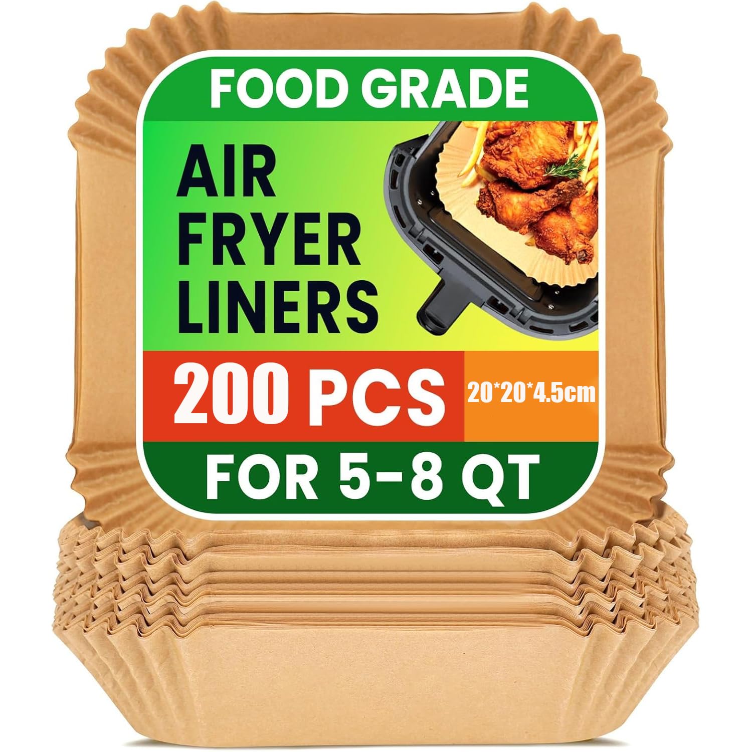 200-Pack Square Air Fryer Paper Liners, Unbleached Food-Grade Parchment