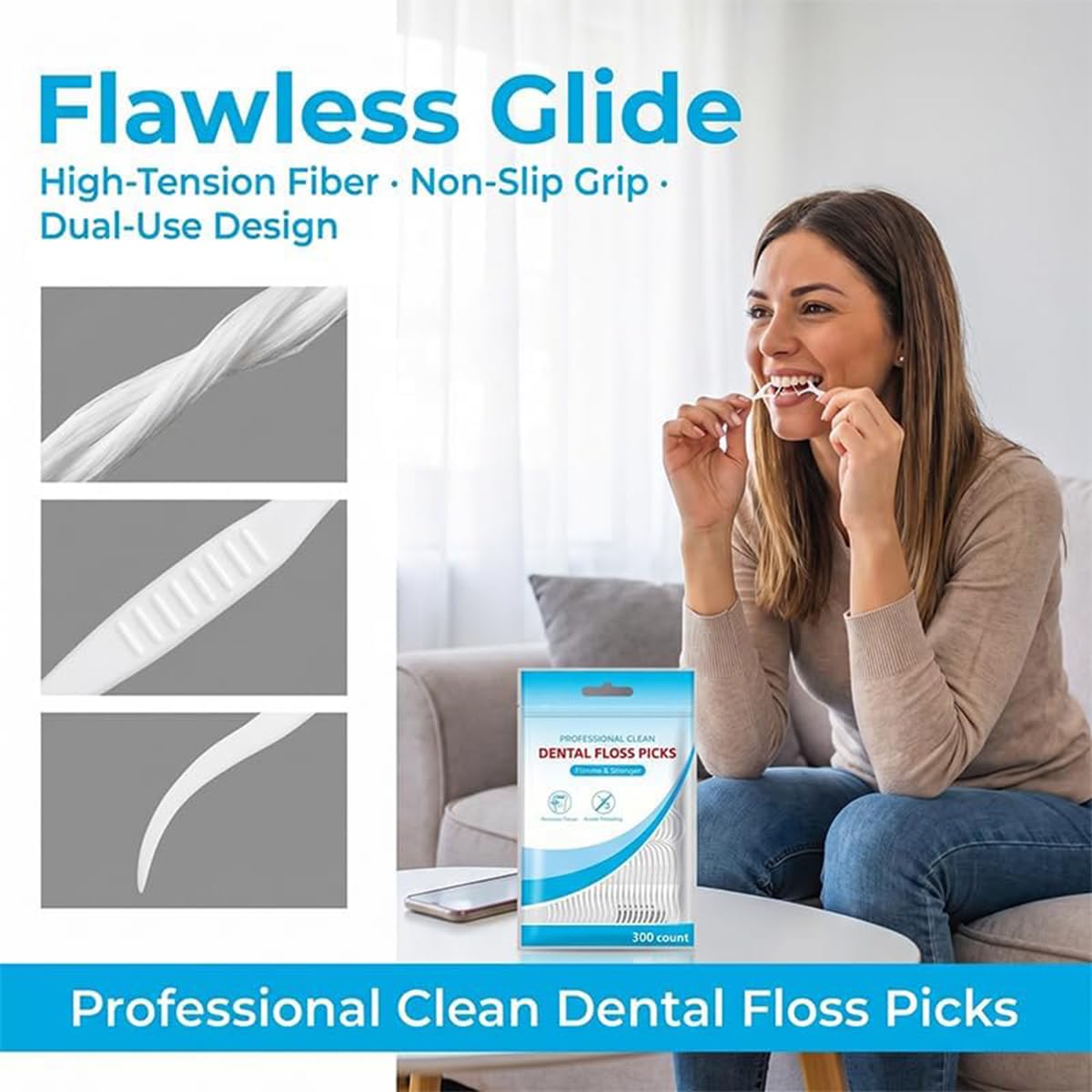 300PCS Dental Floss Picks for Adults, Disposable Tooth Flossers, Strong Shred‑Resistant Floss Sticks for Deep Interdental Oral Cleaning