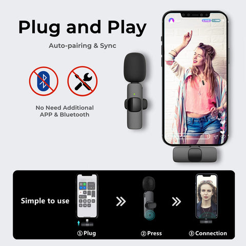 2‑Pack Wireless Lavalier Lapel Microphone, Plug‑Play Clip‑on Mini Mic for iPhone, iPad & Android, Noise‑Reduction for Vlogging, Interview, Live Streaming & Video Recording
