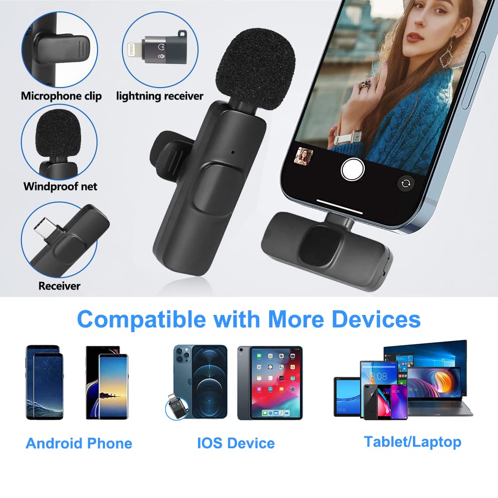 2‑Pack Wireless Lavalier Lapel Microphone, Plug‑Play Clip‑on Mini Mic for iPhone, iPad & Android, Noise‑Reduction for Vlogging, Interview, Live Streaming & Video Recording