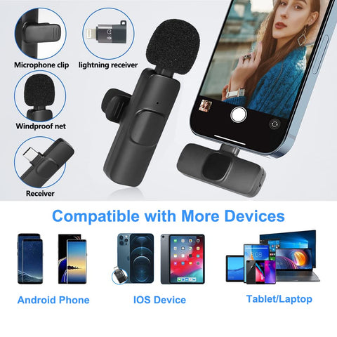 2‑Pack Wireless Lavalier Lapel Microphone, Plug‑Play Clip‑on Mini Mic for iPhone, iPad & Android, Noise‑Reduction for Vlogging, Interview, Live Streaming & Video Recording