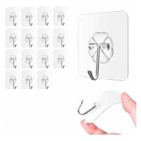 15 Pack Clear Adhesive Wall Hooks, Heavy Duty Sticky Ceiling & Shower Hooks, Water/Oil Resistant, Traceless Self-Stick Hangers for Door, Coat, Kitchen, Bathroom