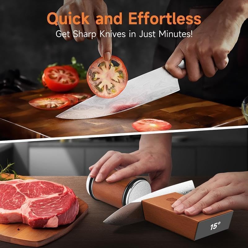 Rolling Knife Sharpener Kit with Diamond Stone & Magnetic 15‑20° Angle Guide,Wooden Precision Sharpening Tool for All Kitchen Knives