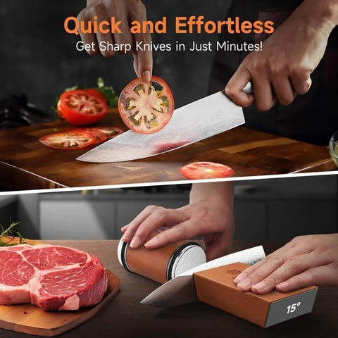 Rolling Knife Sharpener Kit with Diamond Stone & Magnetic 15‑20° Angle Guide,Wooden Precision Sharpening Tool for All Kitchen Knives