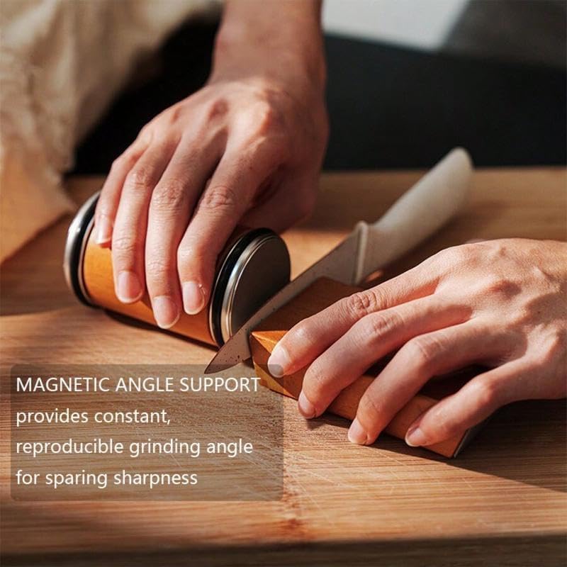 Rolling Knife Sharpener Kit with Diamond Stone & Magnetic 15‑20° Angle Guide,Wooden Precision Sharpening Tool for All Kitchen Knives