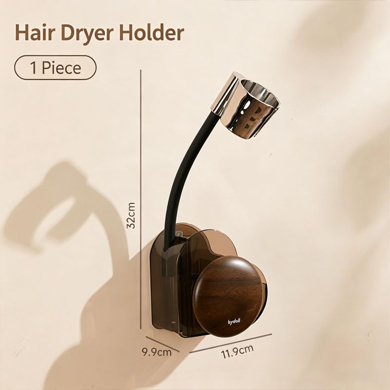 Hands‑Free Wall‑Mount Holder, Self‑Adhesive No‑Drilling Stand with Adjustable Angle, Universal Clip Rack Storage Organizer for Bathroom, Walnut, Fit for Most Hair Dryers