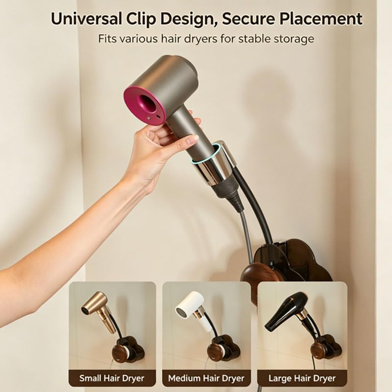 Hands‑Free Wall‑Mount Holder, Self‑Adhesive No‑Drilling Stand with Adjustable Angle, Universal Clip Rack Storage Organizer for Bathroom, Walnut, Fit for Most Hair Dryers