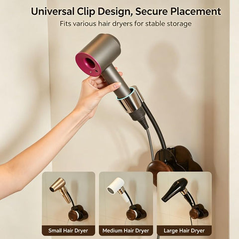 Hands‑Free Wall‑Mount Holder, Self‑Adhesive No‑Drilling Stand with Adjustable Angle, Universal Clip Rack Storage Organizer for Bathroom, Walnut, Fit for Most Hair Dryers