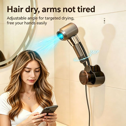 Hands‑Free Wall‑Mount Holder, Self‑Adhesive No‑Drilling Stand with Adjustable Angle, Universal Clip Rack Storage Organizer for Bathroom, Walnut, Fit for Most Hair Dryers