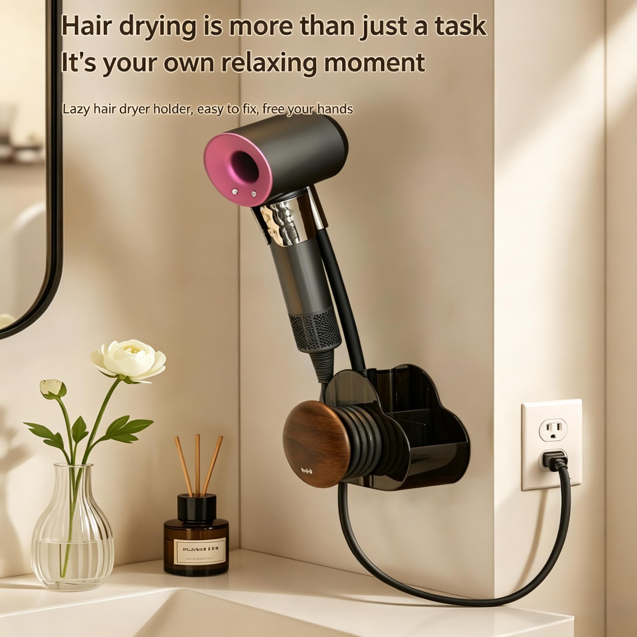 Hands‑Free Wall‑Mount Holder, Self‑Adhesive No‑Drilling Stand with Adjustable Angle, Universal Clip Rack Storage Organizer for Bathroom, Walnut, Fit for Most Hair Dryers