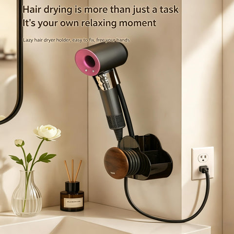Hands‑Free Wall‑Mount Holder, Self‑Adhesive No‑Drilling Stand with Adjustable Angle, Universal Clip Rack Storage Organizer for Bathroom, Walnut, Fit for Most Hair Dryers