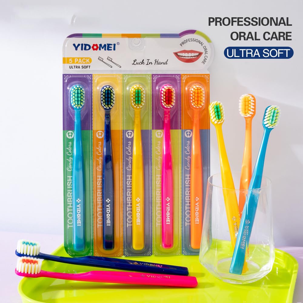 5-Pack Adult Soft Manual Toothbrushes,Extra-Wide Head, 0.1mm Dense Bristles for Gentle Deep Cleaning, Sensitive Teeth & Gum Care, Ergonomic Diamond Handle, Rainbow Family Pack