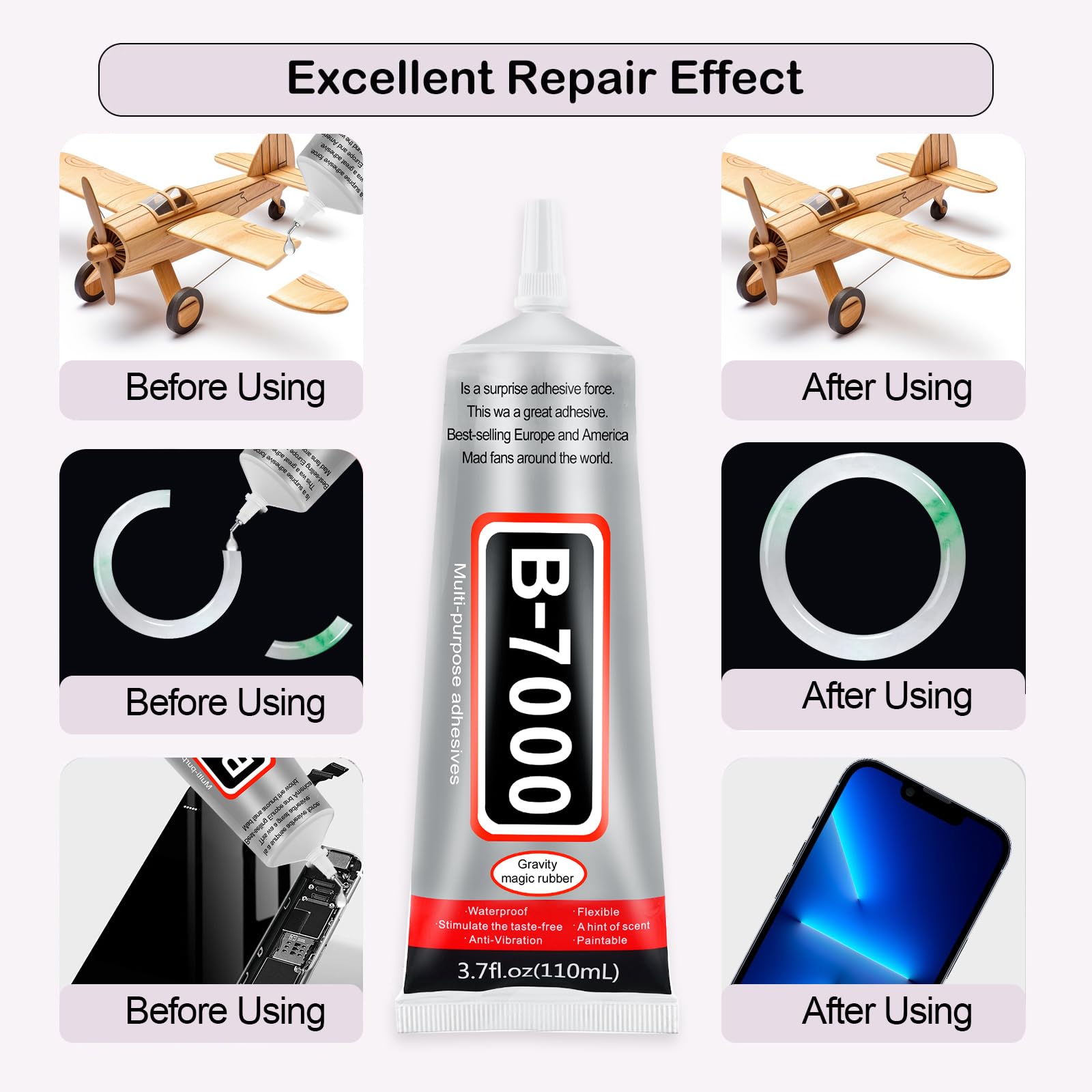 B-7000 Clear Glue, B7000 High Viscosity Adhesive for Rhinestone, Jewelry, Screen Repair, Nail Art & Glass (10x15ml, 0.5oz)