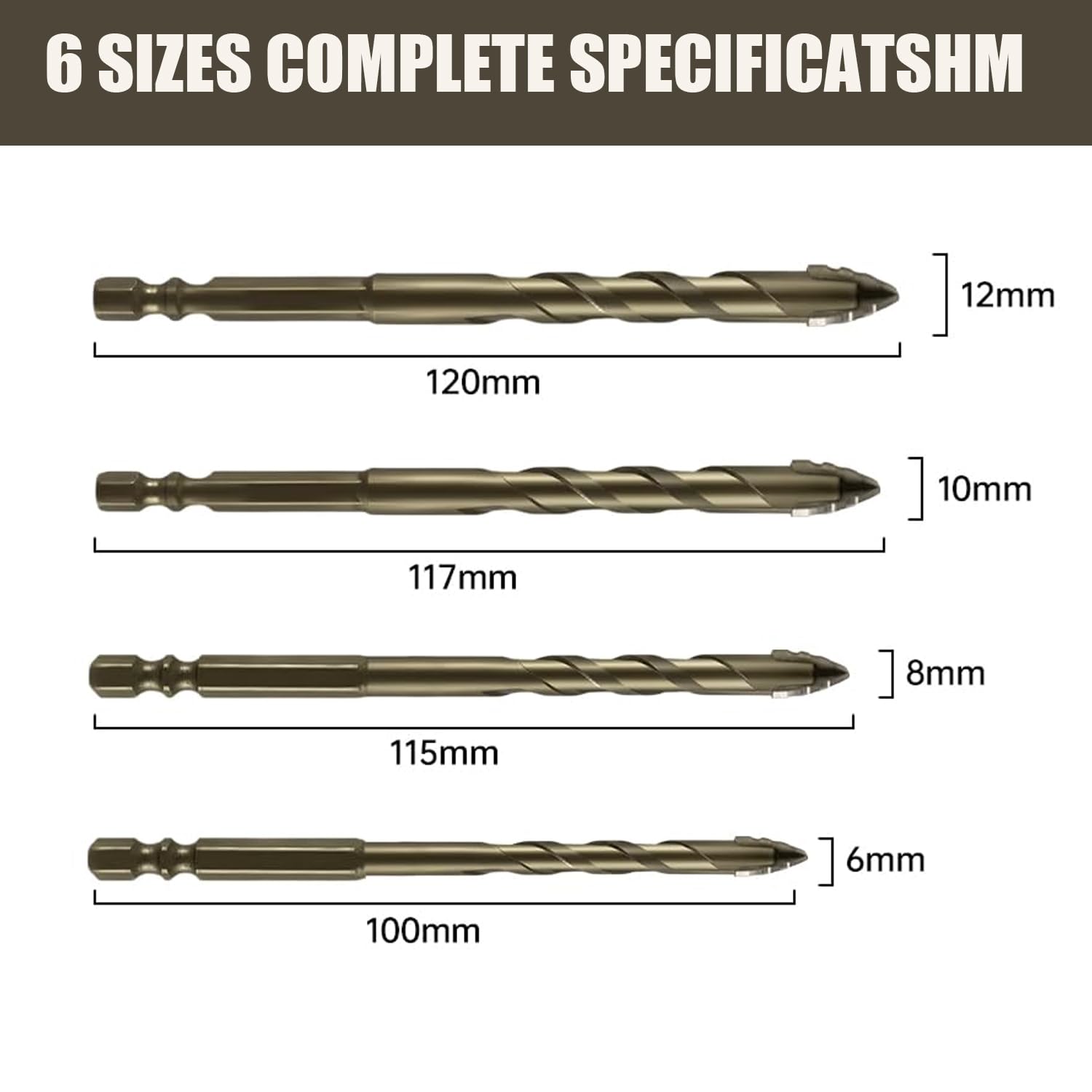 4-Piece Hex Shank Head Drill Bit Set with Diamond Grit Carbide Tip, Suitable for Concrete, Glass, Tile, Brick, Stone, Metal - Fast & Clean Dry Drilling, Reduced Vibration, Sizes: 6/8/10/12mm