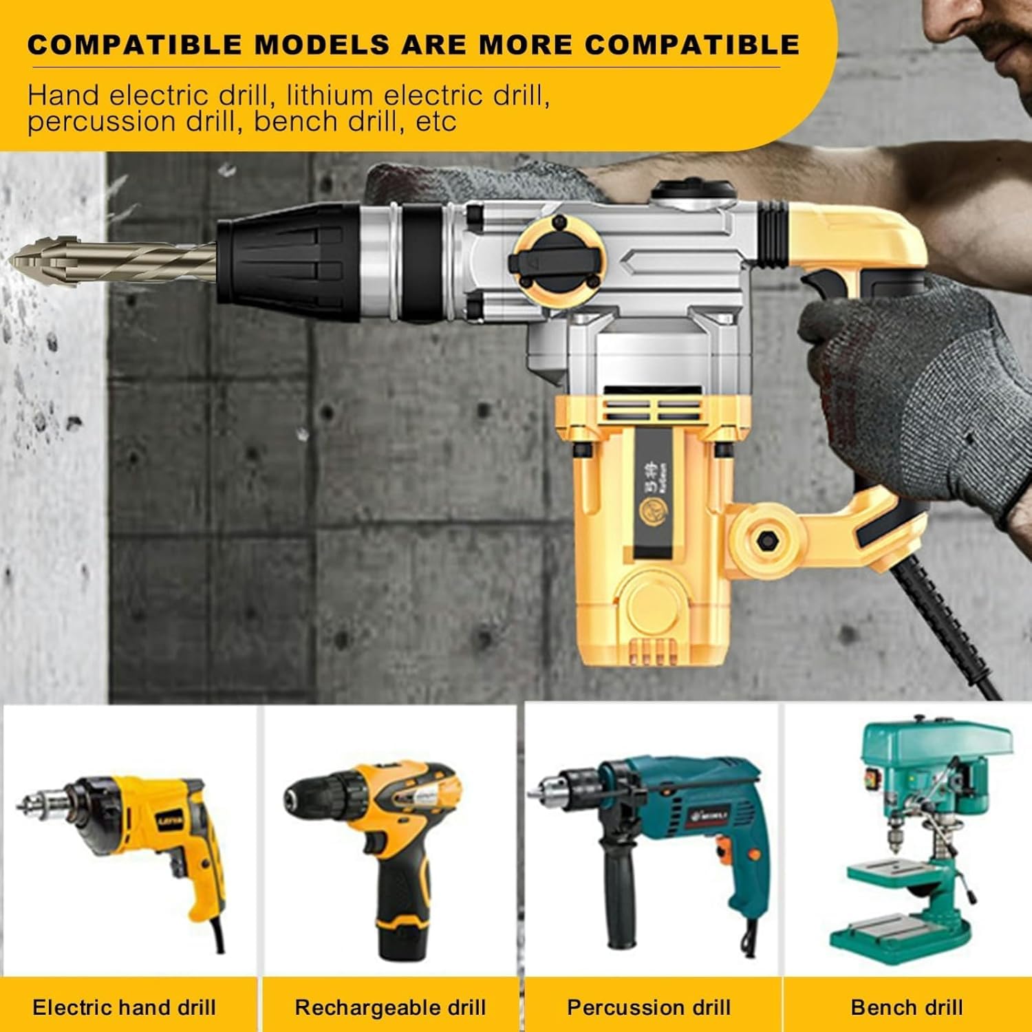 4-Piece Hex Shank Head Drill Bit Set with Diamond Grit Carbide Tip, Suitable for Concrete, Glass, Tile, Brick, Stone, Metal - Fast & Clean Dry Drilling, Reduced Vibration, Sizes: 6/8/10/12mm