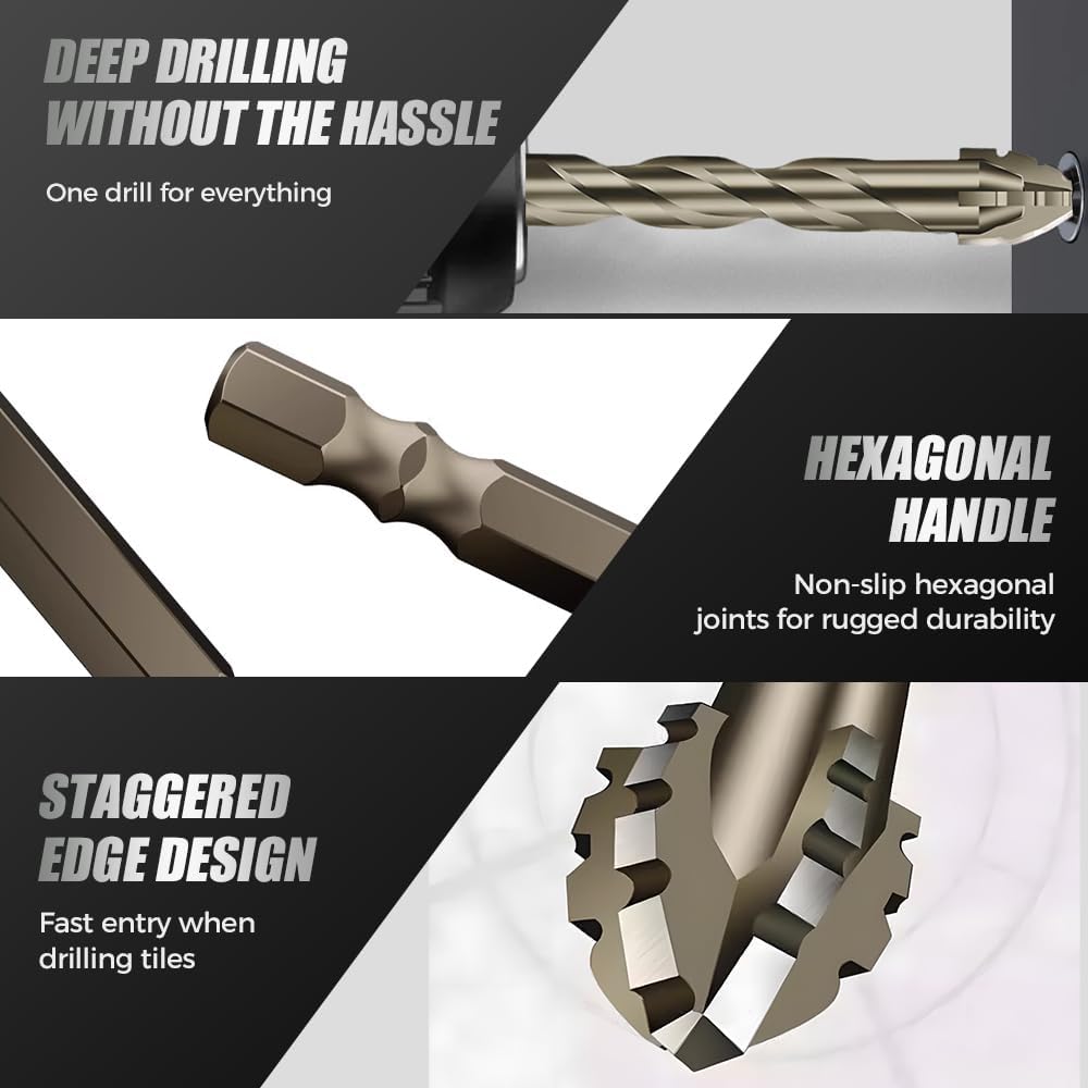 4-Piece Hex Shank Head Drill Bit Set with Diamond Grit Carbide Tip, Suitable for Concrete, Glass, Tile, Brick, Stone, Metal - Fast & Clean Dry Drilling, Reduced Vibration, Sizes: 6/8/10/12mm