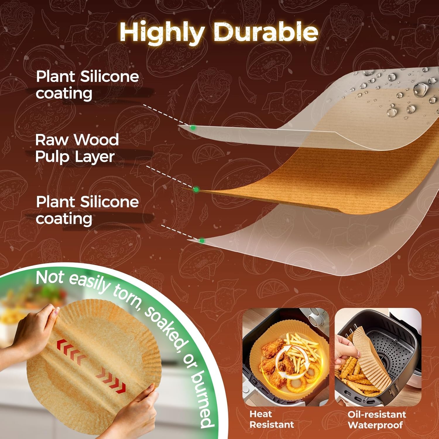 200-Pack Square Air Fryer Paper Liners, Unbleached Food-Grade Parchment
